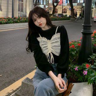 Mock Two-piece Lace Panel Bubble Long-sleeve Top