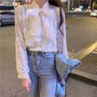 Long Sleeve Bow Neck Lace Blouse Lace Top - One Size