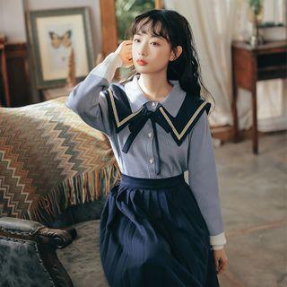 Set: Collar Cardigan + Midi A-line Pleated Knit Skirt