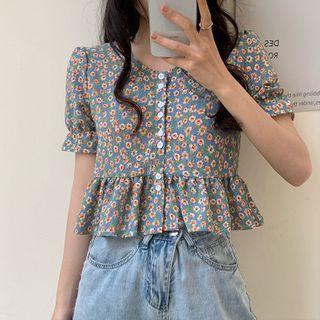 Smocked Cuff V-neck Floral Crop Blouse