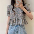 Smocked Cuff V-neck Floral Crop Blouse