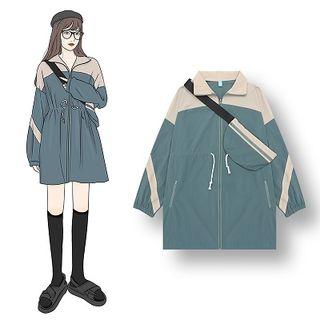 Color Block Long Zip Jacket With Sling Bag