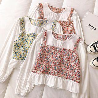 Long-sleeve Round Neck Panel Floral Blouse