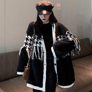 Houndstooth Panel Fringed Cardigan