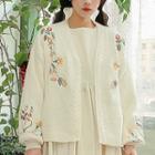 Flower Embroidered Open Knit Cardigan White - One Size