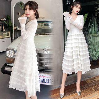 V-neck Lace Trim Long-sleeve A-line Dress