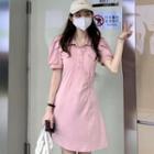 Puff-sleeve Polo-neck Mini A-line Dress Dress - Pink - One Size