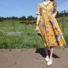 Flower Print Lapelled Shirtdress With Ring-buckle Belt Mustard Yellow - One Size