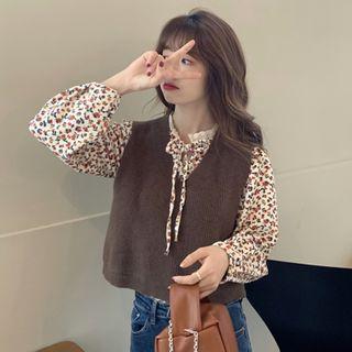 V-neck Sweater Vest / Flower Print Blouse