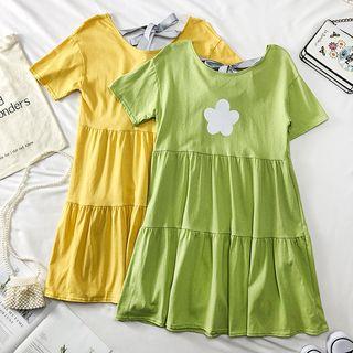 Flower-print Plain A-line Dress