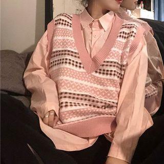 Long Sleeve Plain Shirt / Patterned Knit Vest (various Designs)