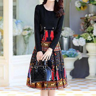 Wool Blend Long-sleeve Printed Dress