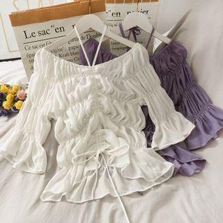 Boatneck Ruched Drawstring Halter Top