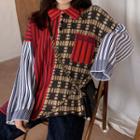 Striped Patterned Panel Collared Sweater As Shown In Figure - One Size