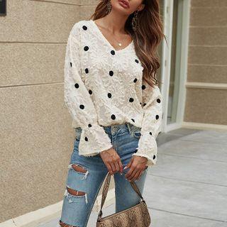Floral Embroidered Dotted Long Bell-sleeve Top