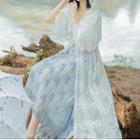 Set: Puff-sleeve Lace Robe + Spaghetti Strap Dress