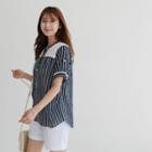 Tab-sleeve Lace-panel Striped Blouse