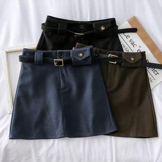 High-waist Woolen Mini Skirt With Belt