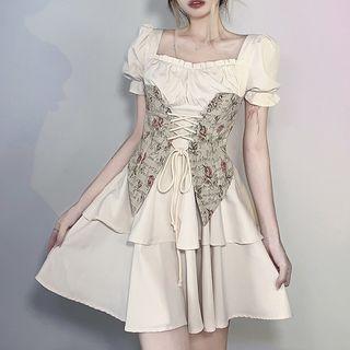 Short-sleeve Floral Corset A-line Dress