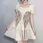 Short-sleeve Floral Corset A-line Dress