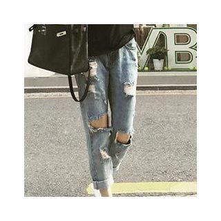 Distressed Washed Roll-up Jeans