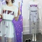 Short-sleeve Applique T-shirt + Lip Tulle Maxi Skirt