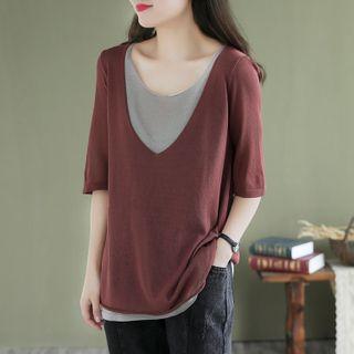 Elbow-sleeve Mock Two-piece Knit Top