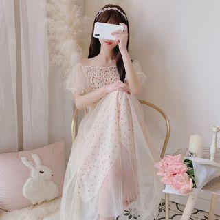 Puff-sleeve Mesh Paneled Heart Patterned A-line Midi Dress