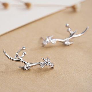925 Sterling Silver Rhinestone Deer Horn Earring 1 Pair - Silver - One Size