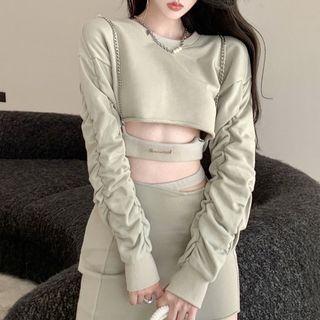 Applique Cropped Sweatshirt / Chain Strap Body Harness / Asymmetrical Mini Pencil Skirt / Set