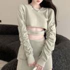 Applique Cropped Sweatshirt / Chain Strap Body Harness / Asymmetrical Mini Pencil Skirt / Set