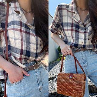 Notch-collar Plaid Shirt Navy Blue - One Size