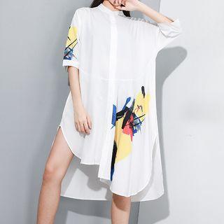 Printed Elbow-sleeve Irregular Shirt Dress White - One Size