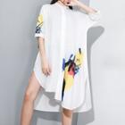 Printed Elbow-sleeve Irregular Shirt Dress White - One Size