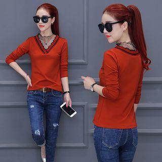 Long-sleeve Mesh Panel Scalloped-neck Top