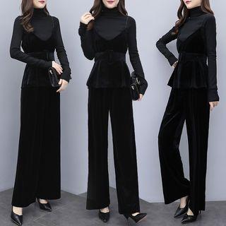 Set: Long-sleeve Knit Top + Cami Top + Wide Leg Pants