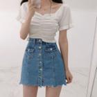 Square-neck Short-sleeve Knit Top / Denim Mini A-line Skirt