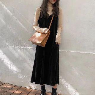 Turtleneck Long-sleeve Top / Spaghetti Strap Midi Velvet Dress