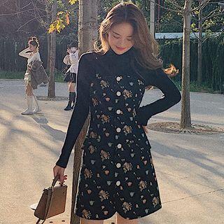 Set: Knit Top + Spaghetti Strap Floral Print Mini Dress
