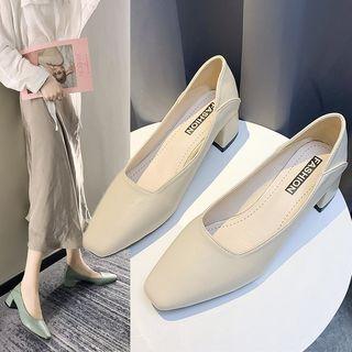 Faux Leather Square-toe Block-heel Pumps