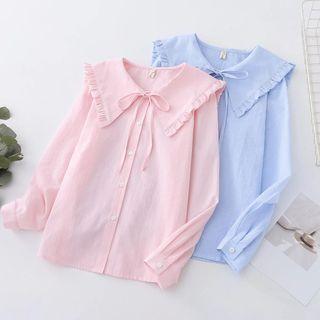 Puff-sleeve Ruffle Trim Striped Blouse