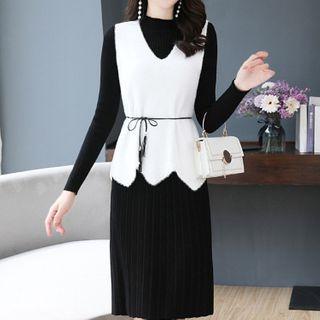 Set: Mock-turtleneck Rib Knit Sheath Dress + Vest