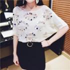 Short-sleeve Sequined Open Knit Top