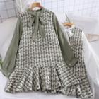 Tie-neck Chiffon Panel Long-sleeve Tweed A-line Dress