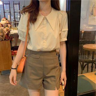 Set: Short-sleeve Collared Blouse + High-waist Shorts