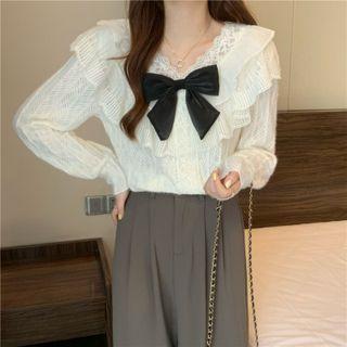 V-neck Ruffle Lace Bow Long-sleeve Top