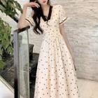 V-neck Lace Trim Dotted Midi A-line Dress