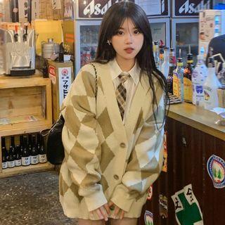 Argyle Loose-fit Cardigan Khaki - One Size