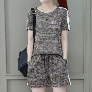 Set: Short-sleeve Striped Trim Letter T-shirt + Sweatshorts