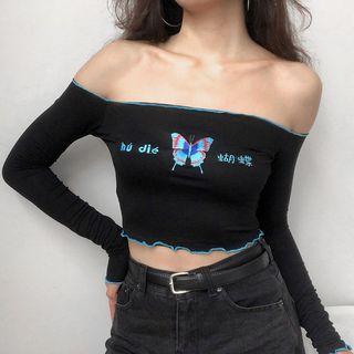 Off-shoulder Printed Long-sleeve T-shirt